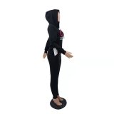 Black Casual Fashion Pyrography Long Sleeve Hooded Sports Two Piece Set with Pockets