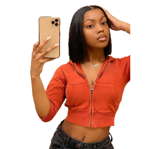 Casual Hooded Sports Crop Sweatsuit Top with 2 Pockets