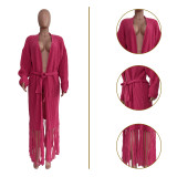 Tassel Trim Open Front Chunky Knit Longline Cardigan