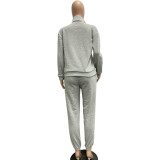 Casual High Neck Long Sleeve Zippered Solid Color Sweatshirt 2 Pieces with Pockets