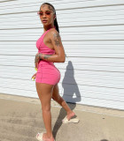 Solid Color Sexy Pink Backless Halter Two Piece Shorts Women Set
