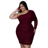 Plus Size Lavish One Shoulder Double-layer Mesh Pleated Dress - Wine Red