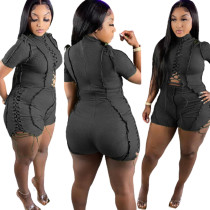 Plus Size Bandage Drawstring Frayed Short Jumpsuit