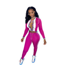 Rose Contrasting Color Stitching Lace-up 2 Piece Women Fall Sets with Hollow