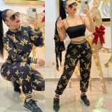 Casual Zipper Printed Sports Sweatshirt Two Piece Outfits