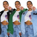 Autumn Women Black Printed Baseball Crop Jacket