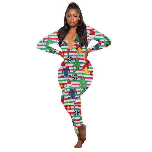 Casual Christmas Printed Long Sleeve Trousers Homewear Jumpsuit
