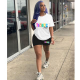 Casual Solid Color Graphic Print Short Sleeve Shorts 2 Piece Set