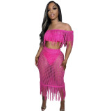 Sexy Perspective Knitted Hook Tassel Off Shoulder Beach Suit