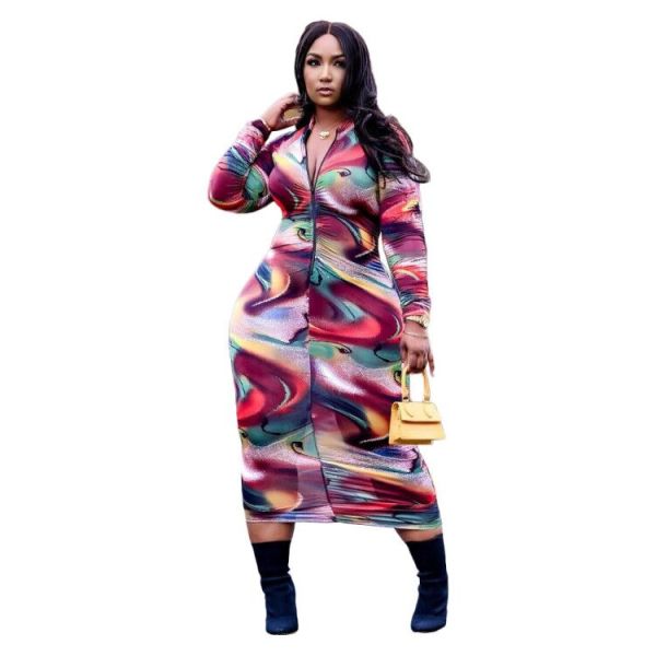 Casual Zipper Print Mid Dress