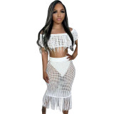 Sexy Perspective Knitted Hook Tassel Off Shoulder Beach Suit