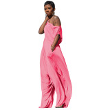 Pink Casual Solid Split Joint Fold Asymmetrical Cross-Shoulder Short Sleeve Two Pieces