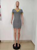 Casual Striped V Neck Mini Dress