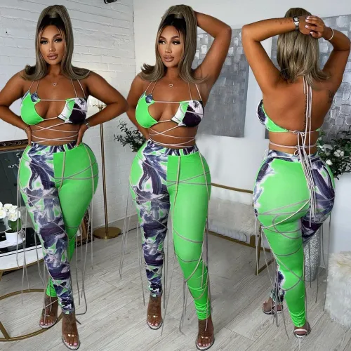 Summer Printed Nightclub Sexy Halter Bra and Trousers