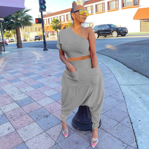 Solid Color Gathered Sloping Top Harem Pants Set with 2 Pockets