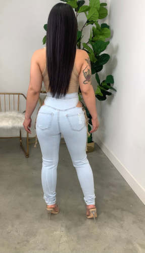 Sexy Eyelet Lace-up Washed Ripped Casual Skinny Stretch Jeans
