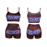 Spoof Letter Printed Sports Straps Short Set