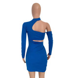 Sexy Hollow Halter Neck Ruffle Offset Printed Bodycon Dress