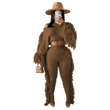 Winter Clothing Casual Apricot Tassels Sweater Crop Top and Pants 2PC Knit Tracksuit Set