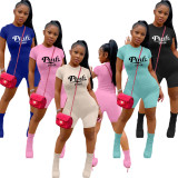 Casual Printed Pit Zip Fastening Short Sleeve Straight-Leg Rompers