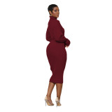Turtleneck Knit Tie Waist Midi Dresses