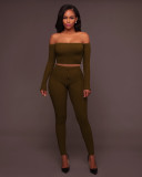Women Fashion Thread Off Shoulder Crop Top 2 Piece Set Casual Bodycon Casual Outfit Sportswear