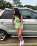Solid Color Green Ladies Vest Shorts Two Piece Set with Pockets