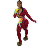 Women Colorful Ink-splash Print Crop Top Two Piece Outfits