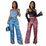 Sexy Faux Denim Print Slit Wide-leg Trousers