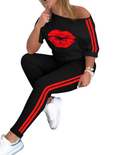 Casual Sports Two Piece Lip Print Women Set