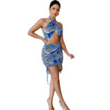 Sexy Printed Hollow Halter Top Mini Skirt 2 Piece Sets
