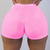 Pink Solid Color Ladies Skinny Low Waist Shorts Yoga Pants