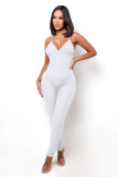 Solid Color Ribbed Straps Padded Casual Yoga Bodycon Jumpsuits