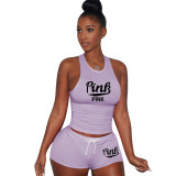 Cotton Printed Letter Breathable Sweatpants Short Set