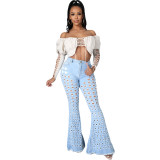 Washed Holes Denim Flared Pants