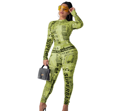 Concealed Zipper Print Newspaper Jumpsuit