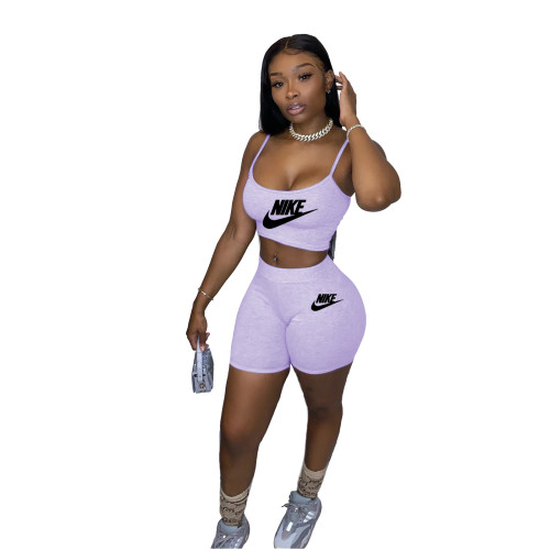 Solid Color Letter Printed Straps Crop Top and Shorts
