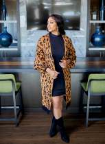 Women's Knitting Leopard Midi Cardigan Coat