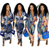 Sexy Print Split Joint Zipper Collar One Step Skirt Dresses with Belt