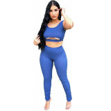 Summer Blue Sleeveless Cutout Crop Vest and Long Pants 2 Pieces