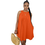 Orange Solid Color Sleeveless Crew Neck Pleated Cotton Mini Dress with Pocket