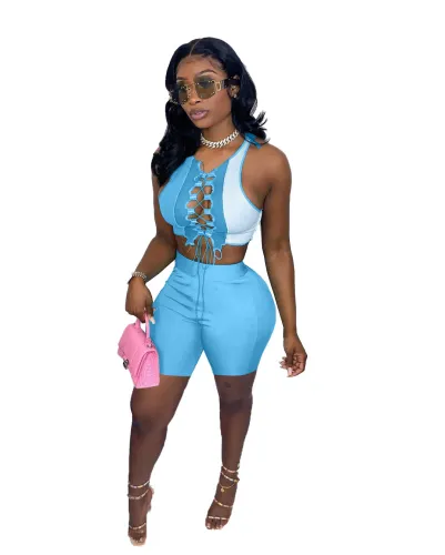 Contrast Stitching Hollow Lace-up Two Piece Short Pant Set