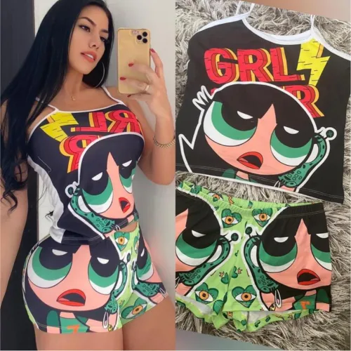 Casual Straps Graphic Print Shorts Suit Yoga Short Set