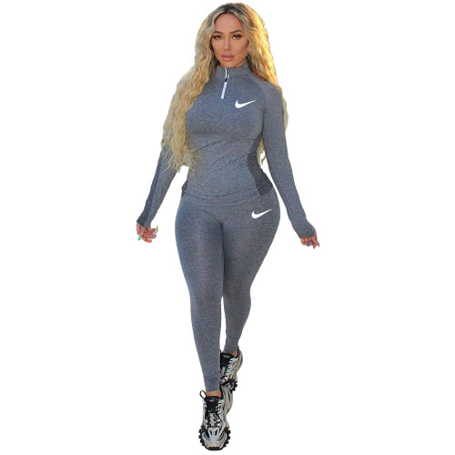 Casual Gray-black Printed High Neck Zipper 2 Piece Sweatpants Set