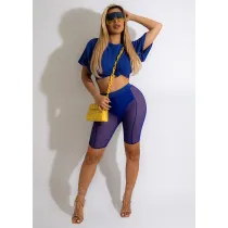 Summer Solid Mesh Shorts Set for Women Blue