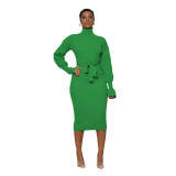 Turtleneck Knit Tie Waist Midi Dresses