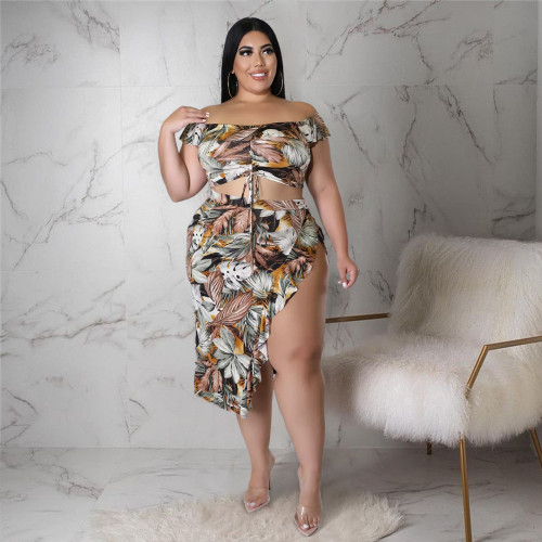 Plus Size Sexy Print Bandage Split Joint Slit Off the Shoulder Two Pieces Skirts Set
