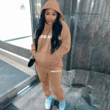 Casual Letter Pyrography Velvet Drawstring Kangaroo Pocket Hoodie & Pants Set