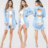 Women's Hole Ripped Mid-length Denim Jacket
