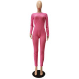 Autumn Sexy Pink Mesh See Through Long Sleeve Jumpsuit with Back Zipper
